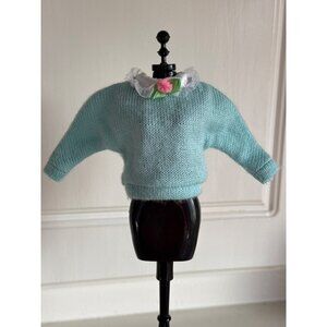 Knitted Aqua Blue Doll Sweater With Lace Collar & Pink Rose Accent